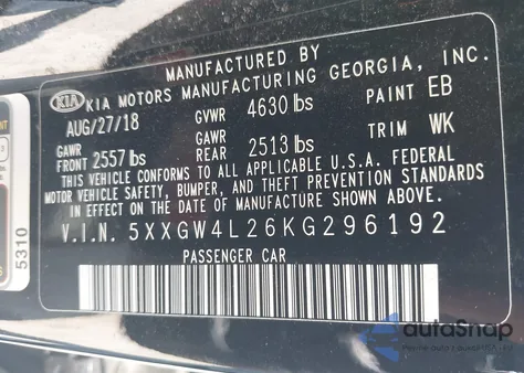 2019 Kia Optima Sx Turbo z USA, uszkodzony, nr VIN 5XXGW4L26KG296192